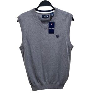 CHAPS Men Size M Heather Grey Cotton V-neck Sweater Vest Navy Embroider Logo NWT